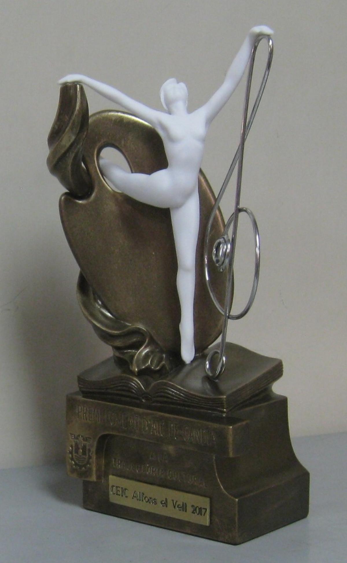 Trofeu guanyador del Premi de la Societat de Foment AIC a la Trajectòria Cultural.