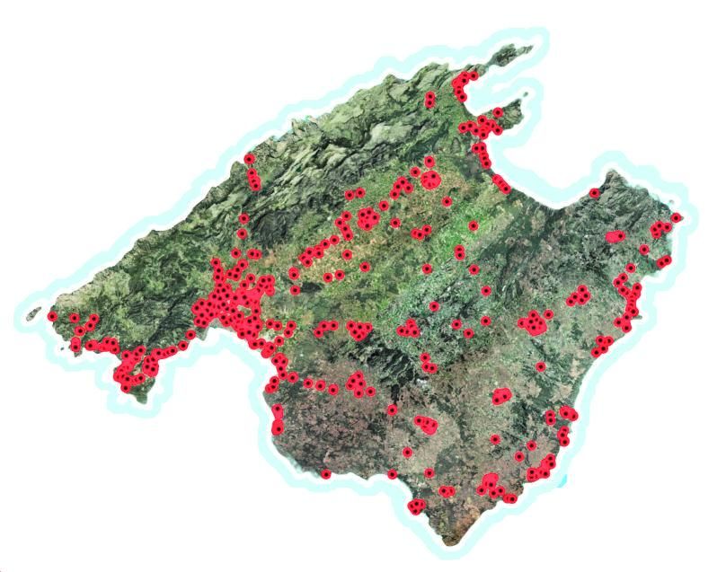 Cada punto rojo es una rotonda. En total, Terraferida cuenta 534 en Mallorca.