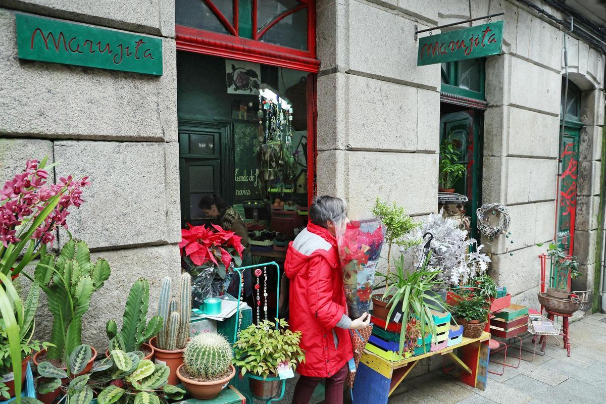 Calle Cervantes &quot;decorada&quot; con las plantas y libros de a Frutería Marujita.