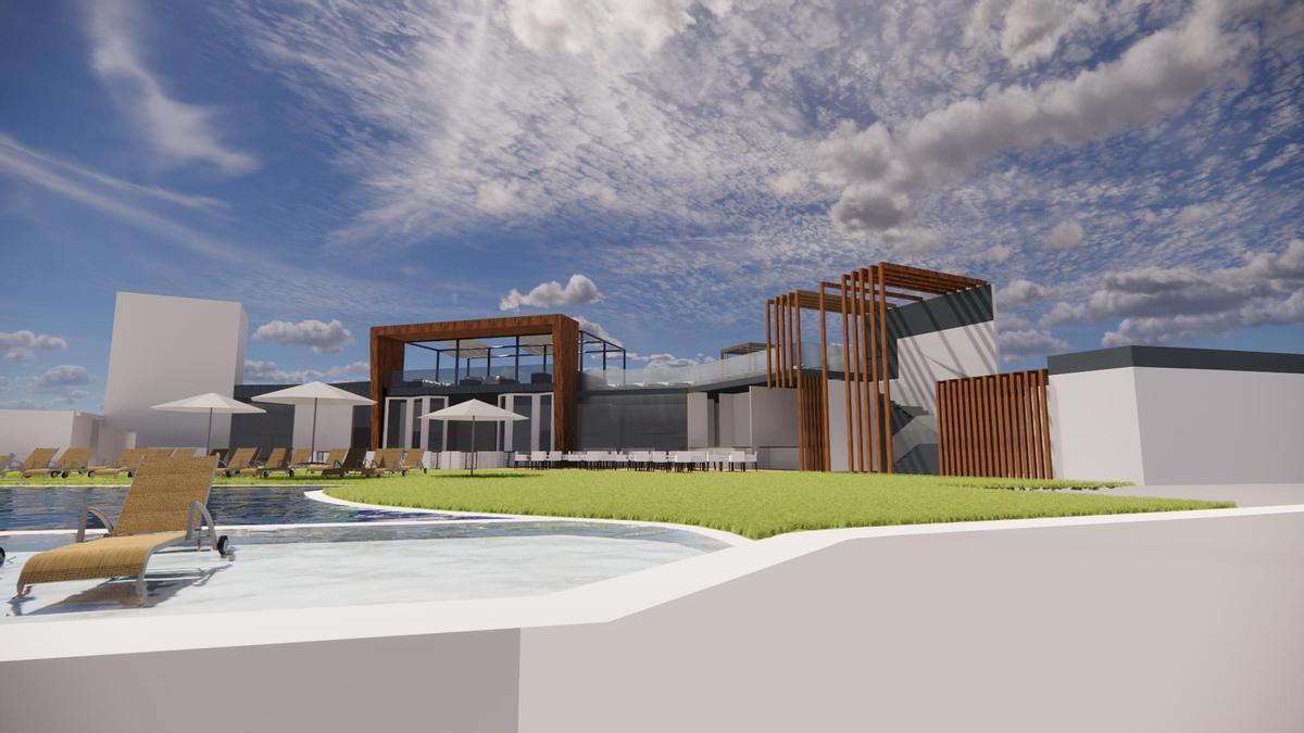 Infografía del futuro bar piscina tras la reforma, con un solarium en la cubierta y una piscina infinity con vistas a la playa de Amadores.