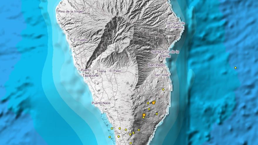 Localización de los temblores en La Palma.