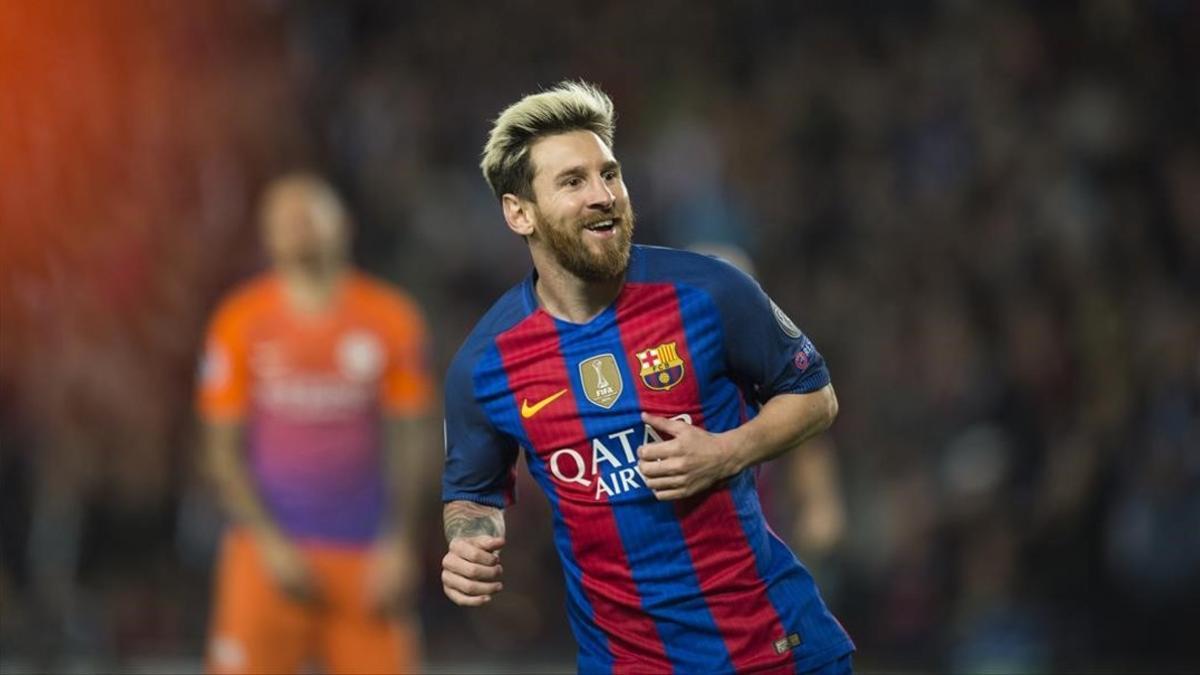 Messi celebra uno de los tres goles marcados ante el City.