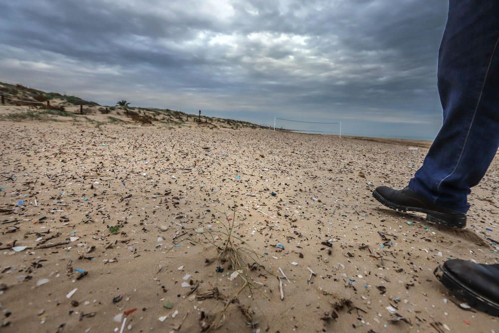 Más de tres mil fragmentos de plástico por metro cuadrado se pueden encontrar en la arena de la playa situada junto a la desembocadura del Segura en Guardamar