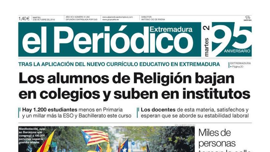 Esta es la portada de EL PERIÓDICO EXTREMADURA correspondiente al día 2 de octubre del 2018