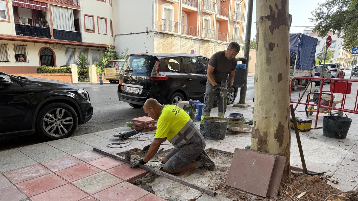 Trabajos de colocación de las nuevas losas en la avenida de la Estación de Puente Genil.