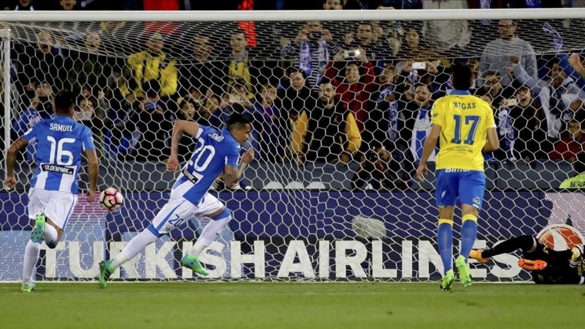 Luciano Rocha celebra uno de los goles con los que el Leganés derrotó a la UD Las Palmas la pasada jornada