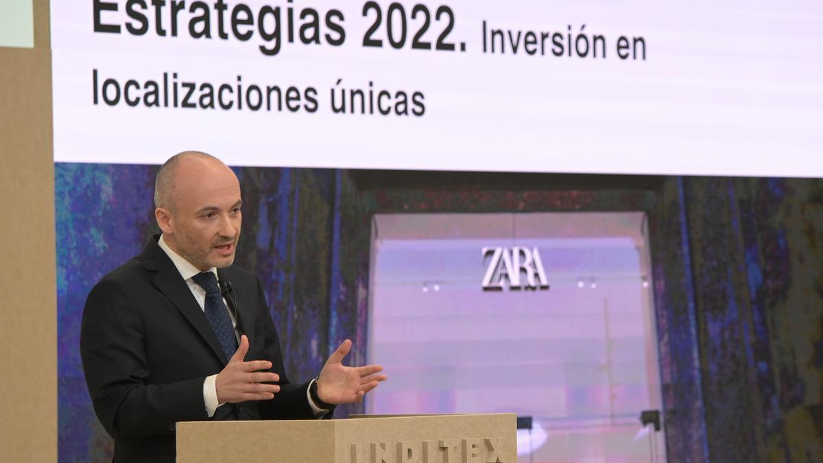 El consejero delegado de Inditex, Óscar García Maceiras, durante una intervención en la sede central de Sabón (Arteixo).