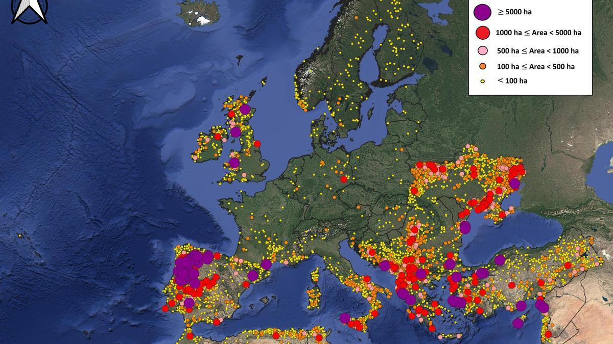 La actividad de incendios forestales en 2025 fue especialmente alta en Portugal, España, el sur de Francia, el sur de Italia, Grecia, Turquía, Ucrania y algunas zonas del Reino Unido. La mayoría de los incendios de más de 5.000 hectáreas (círculos morados) se produjeron en la parte occidental de la península ibérica.