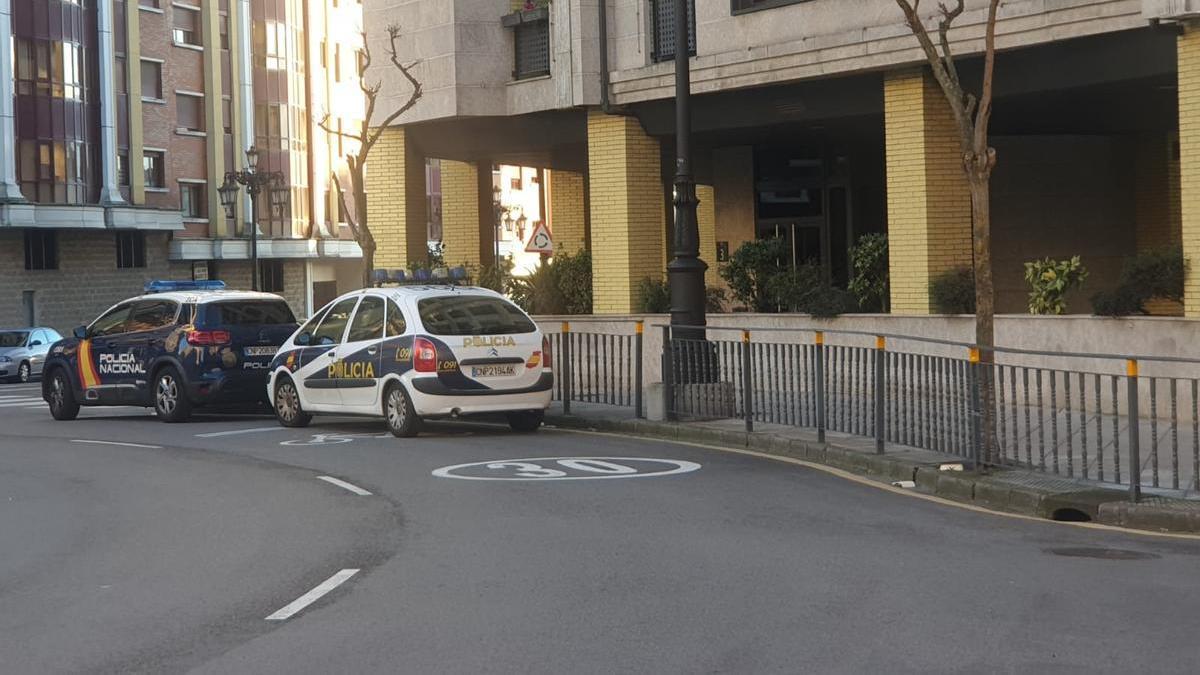 Dos coches de la Policía Nacional, ayer, en el barrio.