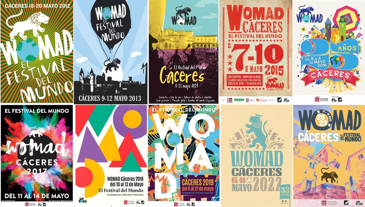 Carteles del Womad en Cáceres desde 2012 a 2023.