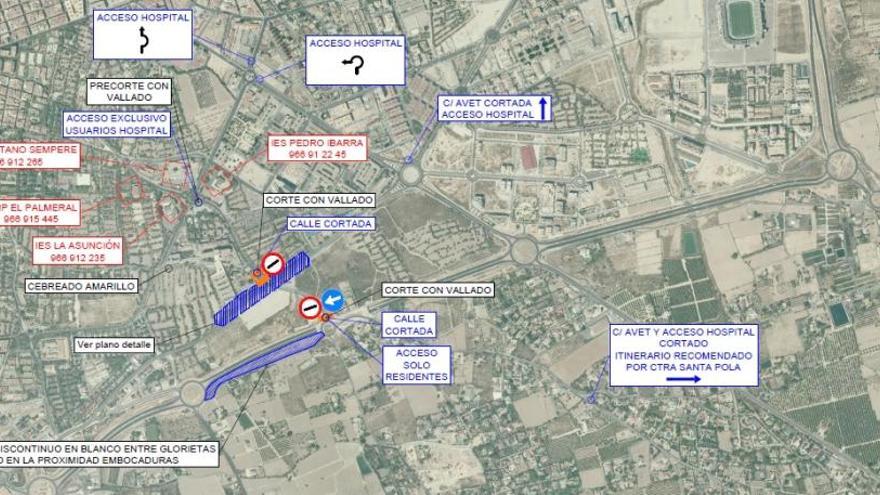 El acceso al Hospital General y el Camino Viejo de Santa Pola, cortados tres meses por obras