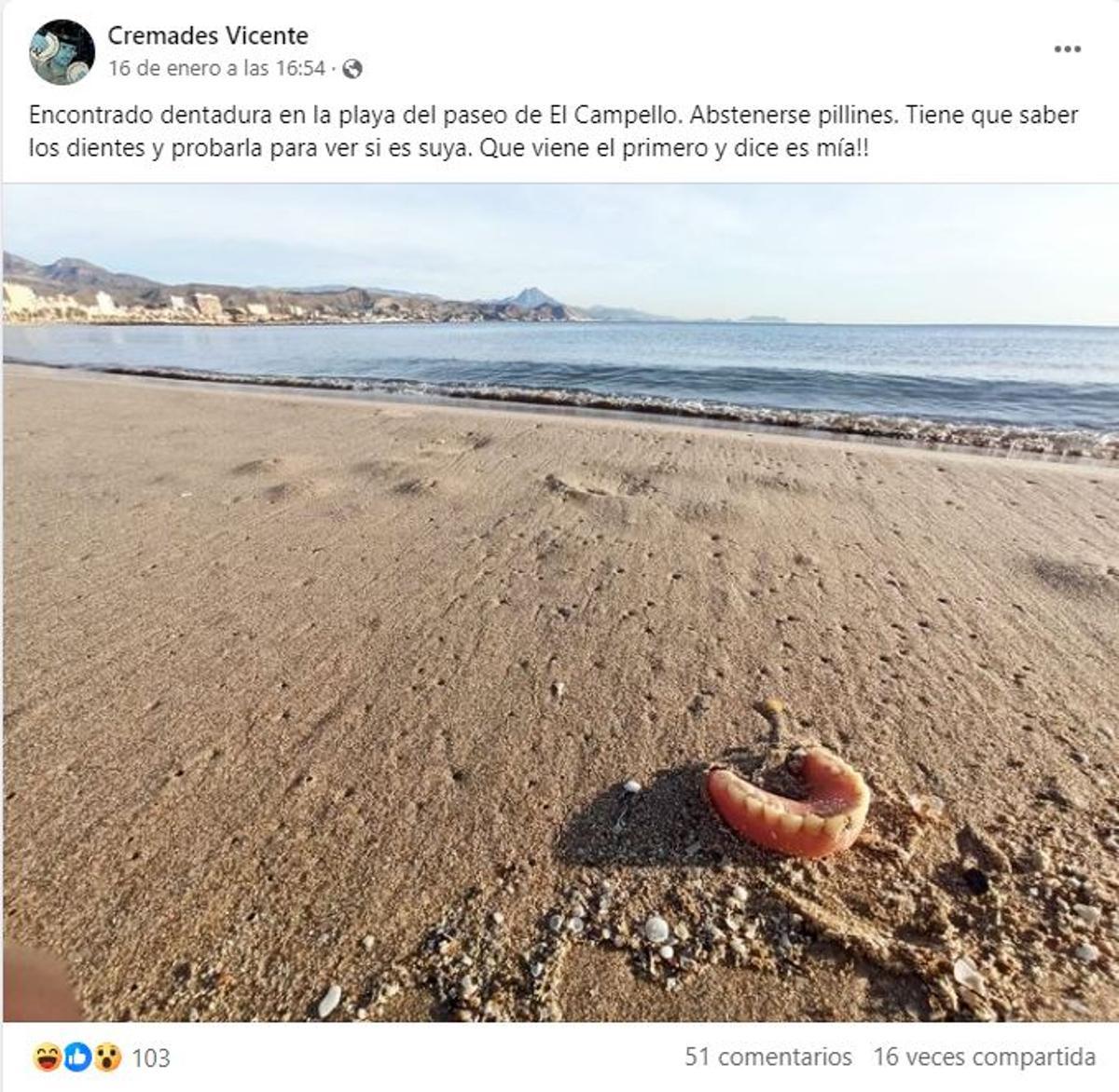 Pantallazo del grupo de Facebook de El Campello en el que se ha difundido el hallazgo de una dentadura en una playa del municipio
