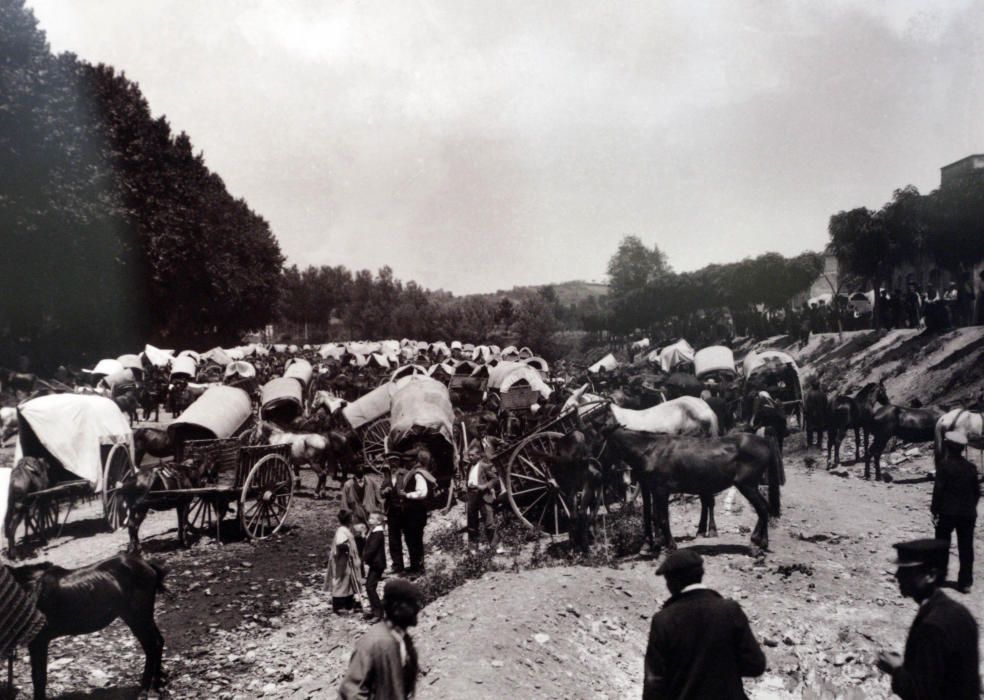 Carros i tartanes a la llera del Daró, a la Bisbal (1900-1910)