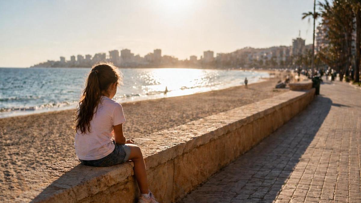 Una niña sentada en el muro de un paseo marítimo.