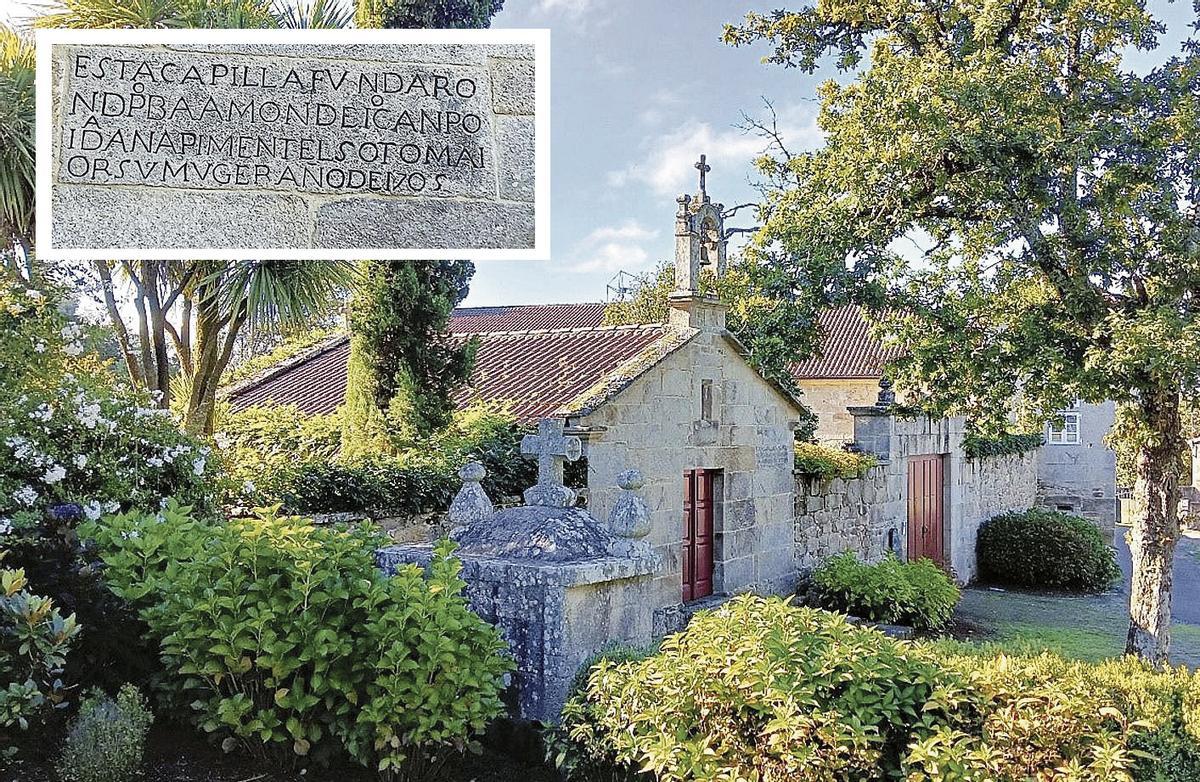 Capilla del Pazo de Sestelo y detalle de la inscripción con la fecha de su fundación.