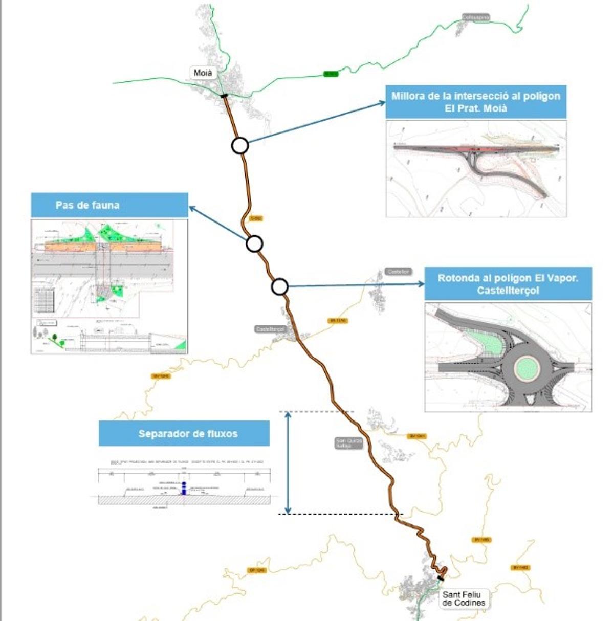 Mapa de las actuaciones de la C-59 entre Moià y Sant Feliu de Codines.