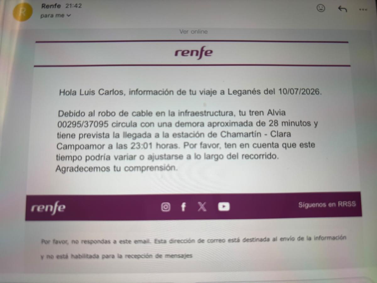 Correo electrónico que envió Renfe a los pasajeros de Badajoz.