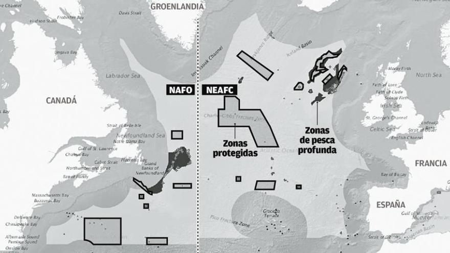 Solo se puede arrastrar en el 3% de las dos áreas del Atlántico norte  |  Según la base de datos de los ecosistemas marinos vulnerables de la FAO, apenas se puede arrastrar en el 3% de las dos zonas del Atlántico norte reguladas por NAFO y Neafc. En la imagen, estas áreas están representadas en color más oscuro, mientras que los recuadros son las zonas protegidas en las que no se puede pescar.