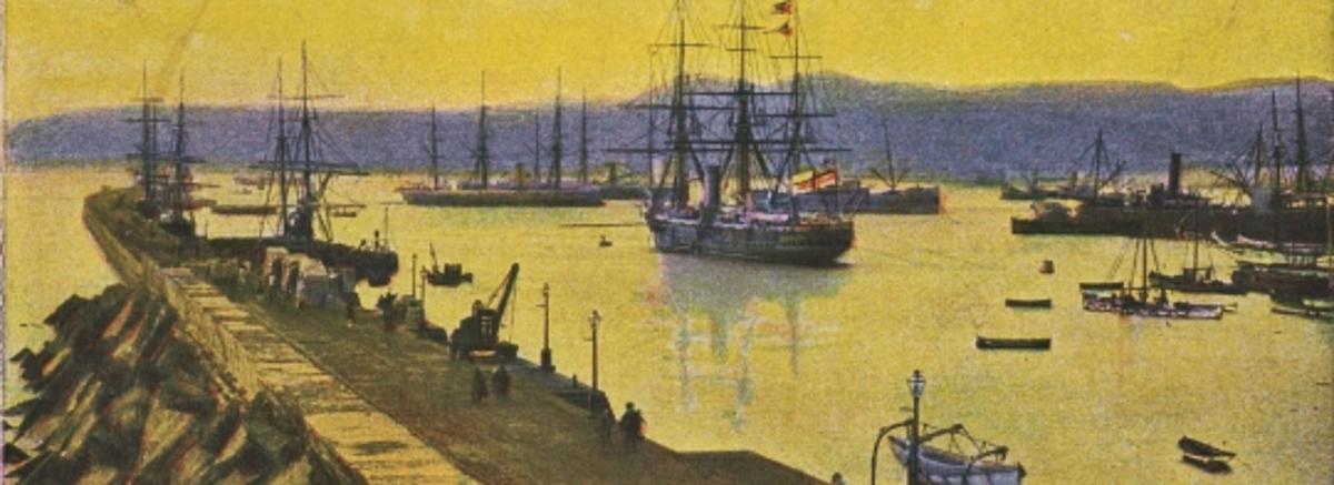 Barcos de vela en la bahía del Puerto de La Luz y de Las Palmas en la primera mitad del siglo XX, en Gran Canaria.