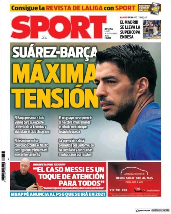 Portada SPORT lunes 14 septiembre 2020