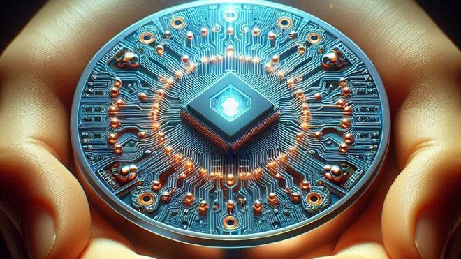 Recreación artística de un chip de silicio con cúbits estables.