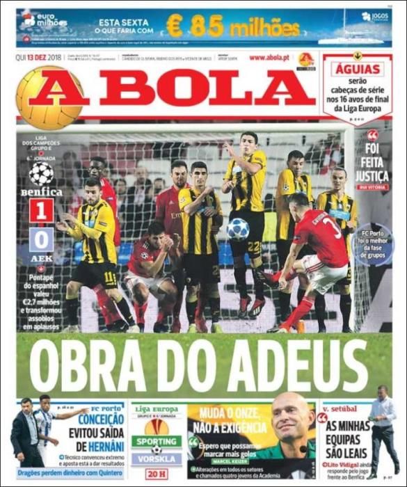 Portada A BOLA jueves 13 de ciciembre 2018