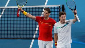 Tennis - ATP Cup - Ken Rosewall Arena, Sydney, Australia - January 10, 2020  Spain’s Rafael Nadal and Pablo Carreno Busta celebrate after winning their Quarter Final doubles match against Belgium’s Sander Gille and Joran Vliegen  REUTERS/Ciro De Luca