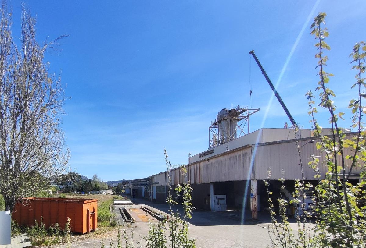 Otra vista de la grúa trabajando en las exinstalaciones de Madera Fiber