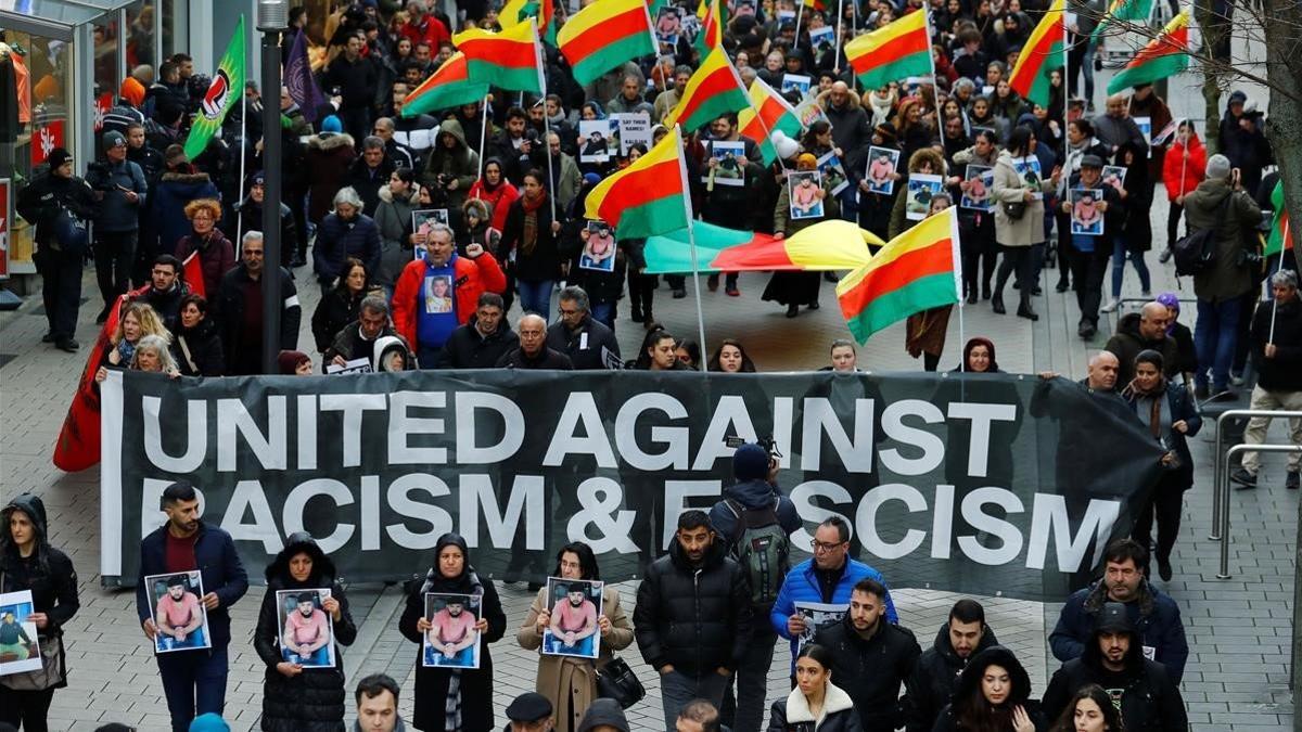 Manifestación de protesta contra el racismo y el radicalismo de extrema derecha, este sábado en Hanau.