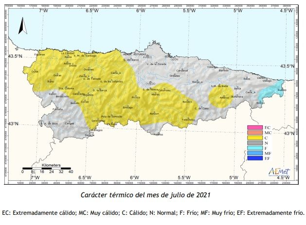 Carácter térmico de julio de 2021 en Asturias