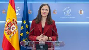 La secretaria general de Podemos, Ione Belarra, durante una rueda de prensa anterior a la Junta de Portavoces, a 9 de enero de 2024, en Madrid (España).