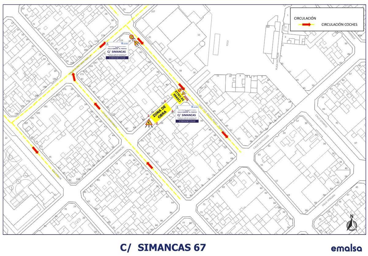 Cortes en la calle Simancas por las obras de Emalsa.