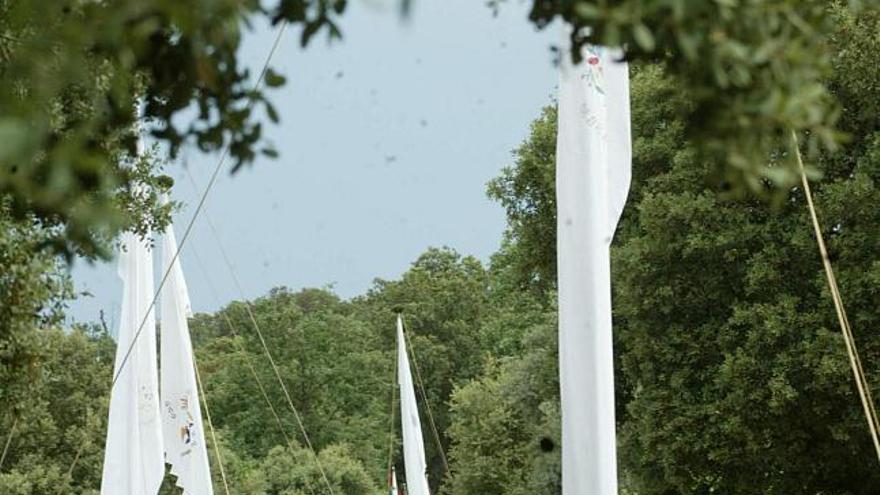 Los pendones se dirigen a la ermita de Nuestra Señora del Castillo durante la romería de «Los Viriatos».