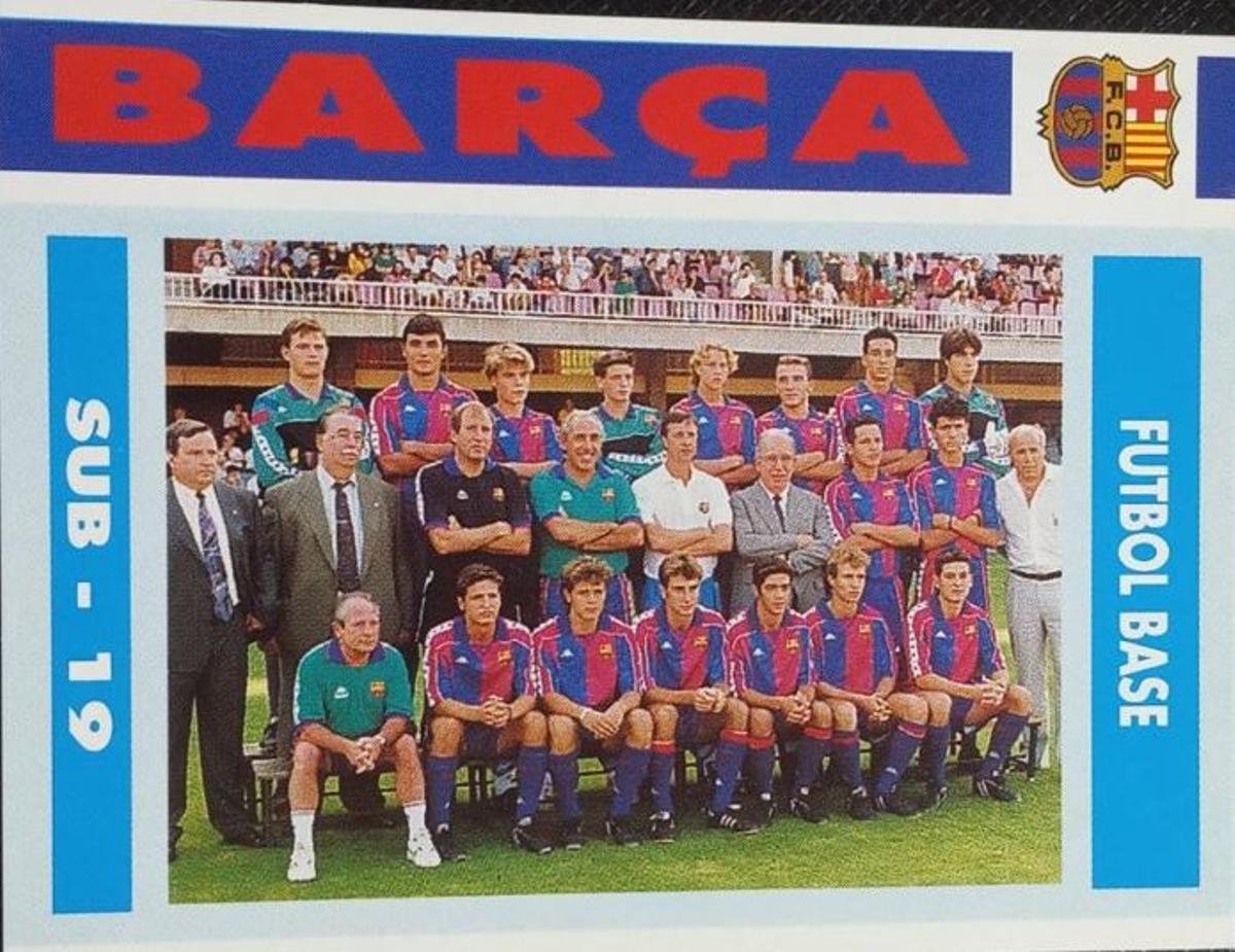 Estañol, l'últim de dalt, en un cromo de la plantilla del Barça sub19 del curs 1992-93