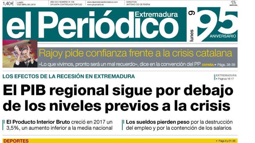 Esta es la portada de EL PERIÓDICO EXTREMADURA correspondiente al día 9 de abril del 2018