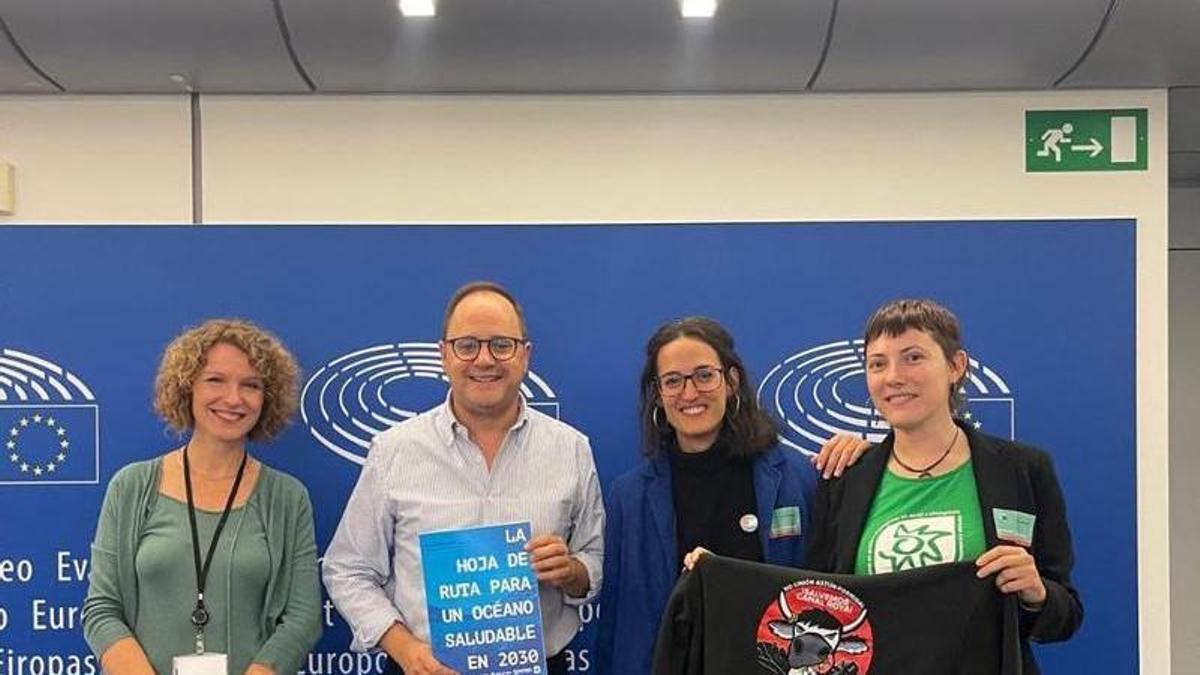 Miembros de la plataforma, junto al eurodiputado Óscar Luena.