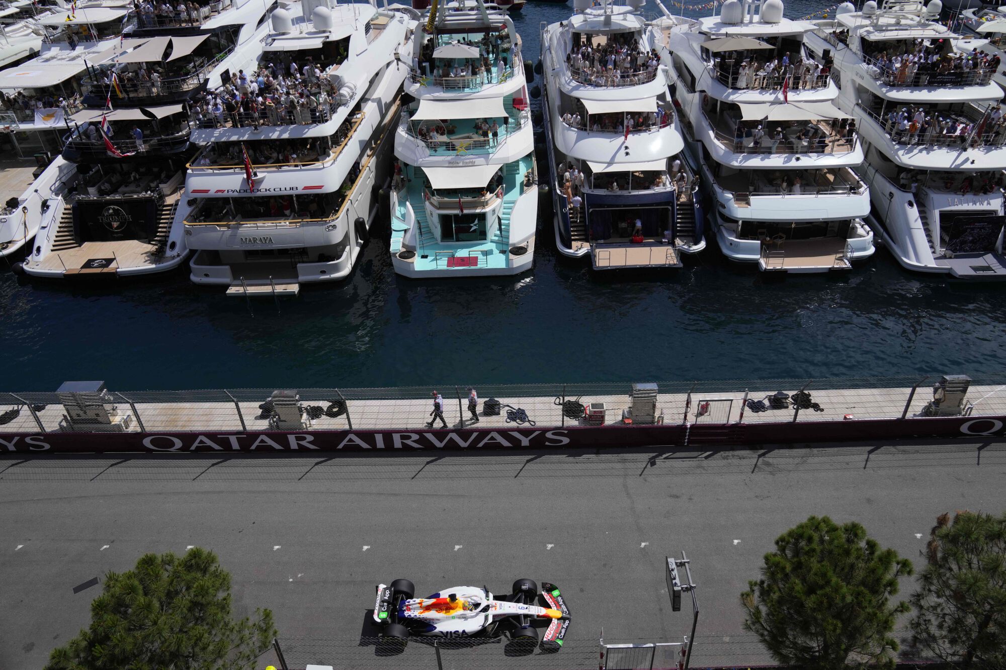 Racing Bulls driver Isack Hadjar of France steers his car during the Formula One Monaco Grand Prix race at the Monaco racetrack in Monaco, Sunday, May 25, 2025. (AP Photo/Manu Fernandez) Associated Press/LaPresse. EDITORIAL USE ONLY/ONLY ITALY AND SPAIN