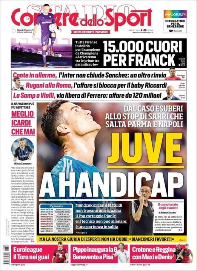 Portada de Corriere Dello Sport del 23 del agosto de 2019