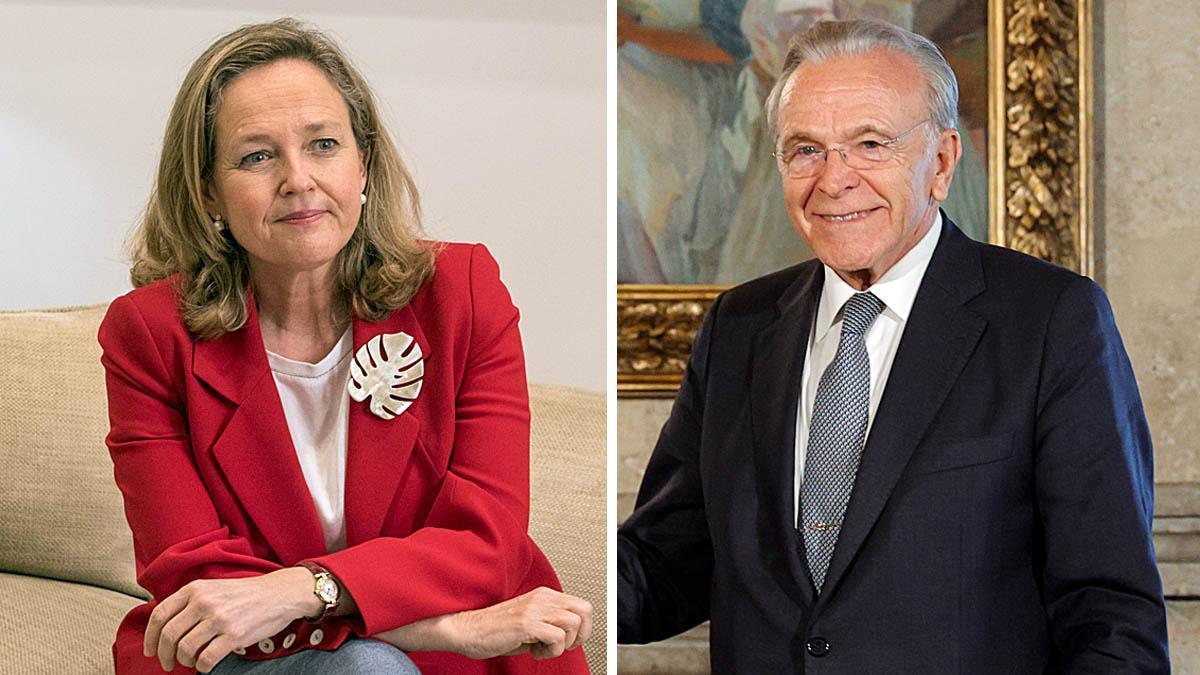 La vicepresidenta económica del Gobierno, Nadia Calviño, y el presidente de la Fundación Bancaria La Caixa, Isidro Fainé, principales artífices de la fusión de CaixaBank y Bankia.