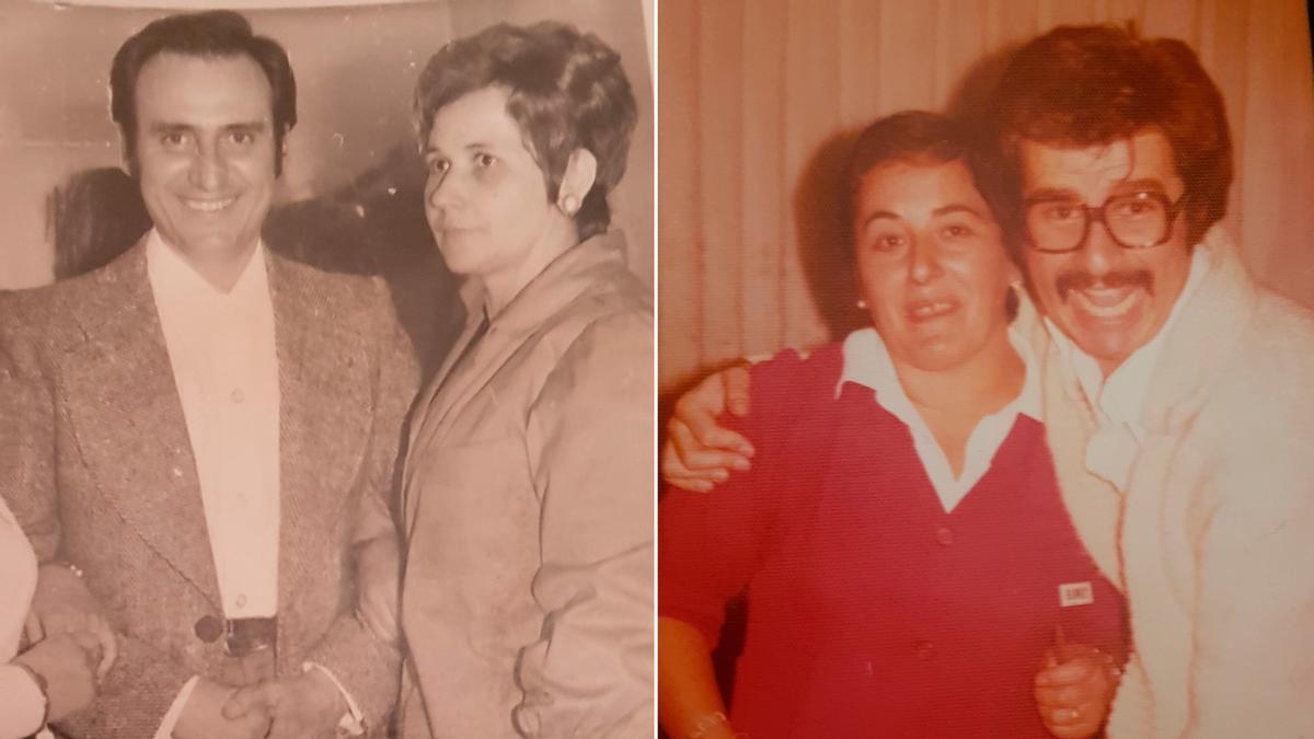 A la izquierda, Manolo Escobar junto a Conchita Vázquez, copropietaria del Hawái, durante su actuación en la sala de fiestas en 1971; a la derecha, Mari Luz Vázquez, copropietaria del Hawái, junto a Bigote Arrocet, antes de su actuación en los años ochenta del pasado siglo.