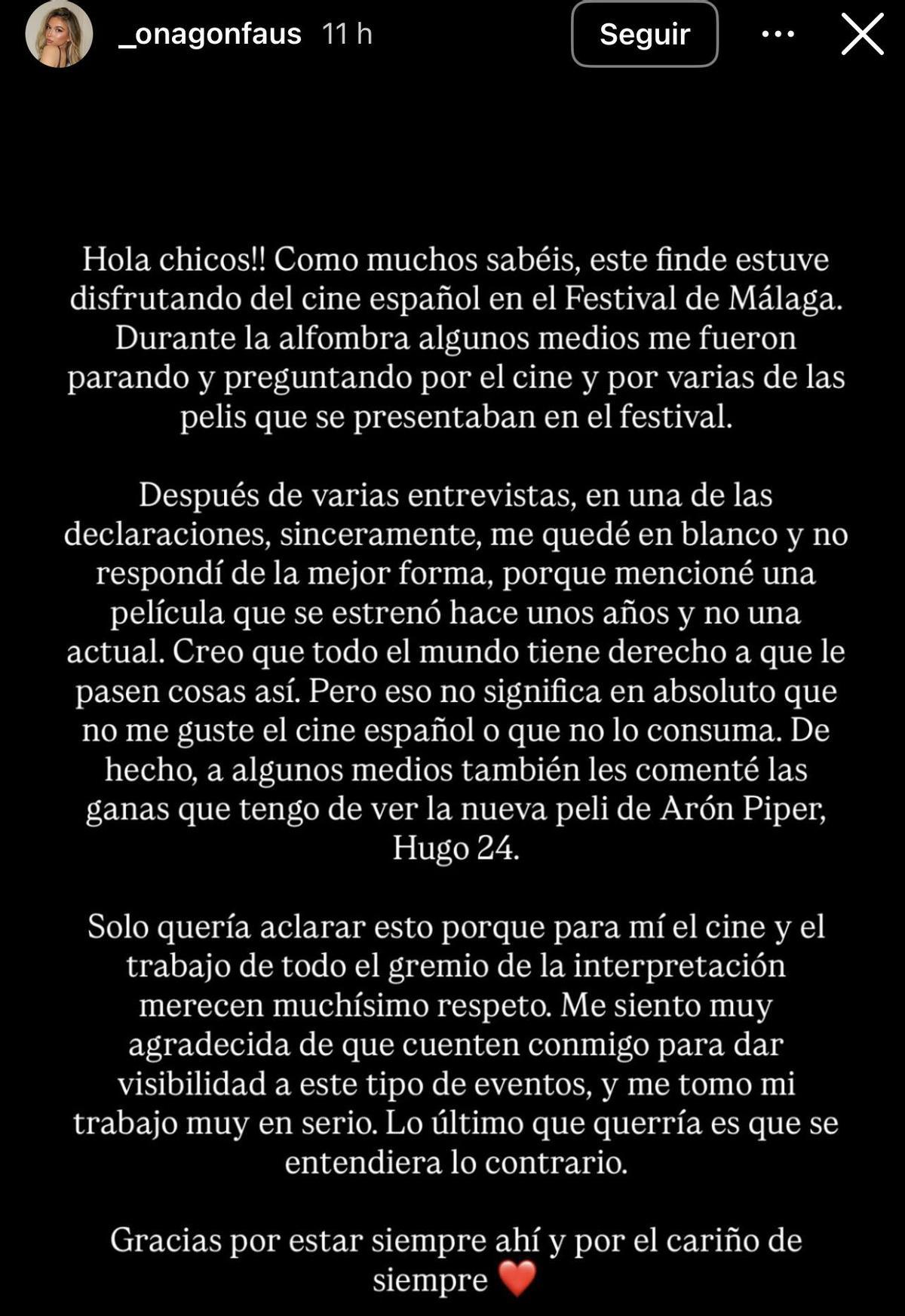 El comunicado de Ona Gonfaus tras la polémica en el Festival de Málaga