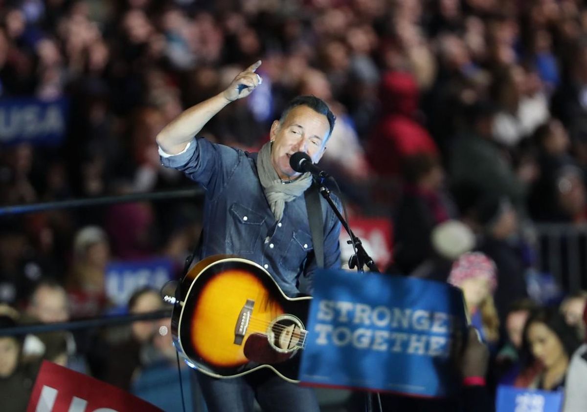 PITTSBURGH, PA - NOVEMBER 07: Musician Bruce Springsteen performs at an election eve rally for Democratic presidential nominee former Secretary of State Hillary Clinton on November 7, 2016 in Philadelphia, Pennsylvania. As the historic race for the presidency of the United States comes to a conclusion, both Clinton and her rival Donald Trump are making their last appearances before voting begins tomorrow.   Spencer Platt/Getty Images/AFP