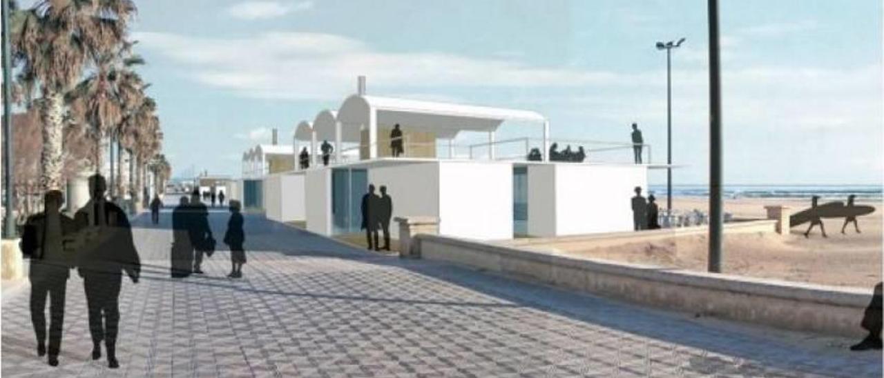 Figuración de los chiringuitos del paseo Marítimo, en la playa de la Malva-rosa, con su nueva imagen