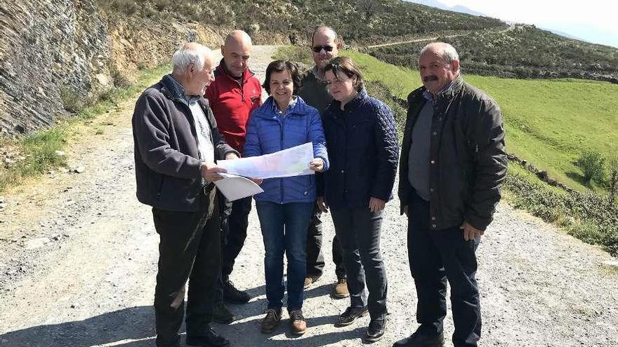 Por la izquierda, en primera fila, José Antonio Ferrera, director general de Montes; María Jesús Álvarez; la alcaldesa, Silvia Méndez, y el concejal José Antonio Linares, con dos vecinos de la zona detrás, ayer, en la pista entre Costa do Mazo y Bustelo.