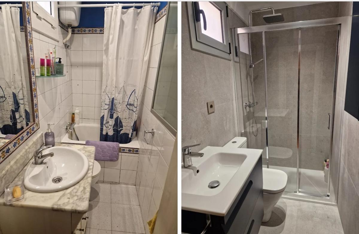 Antes y después de la reforma de un pequeño baño a cargo de Lampistería RF, en el barrio de Sant Antoni.