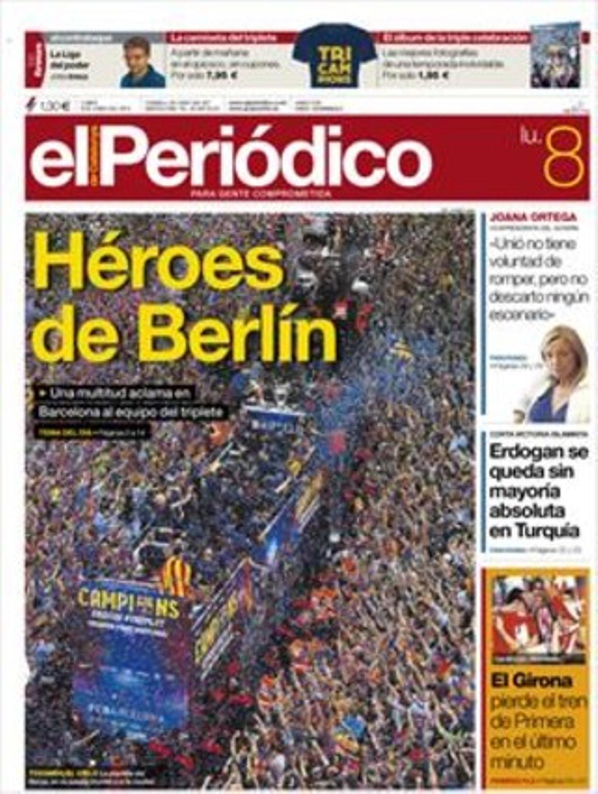 La plantilla del Barça celebra la Champions guanyada a Berlín.