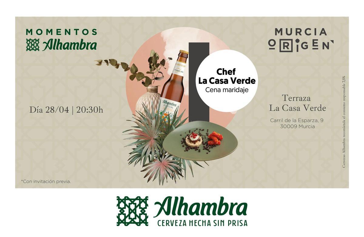 Cartel cena maridaje en Terraza La Casa Verde, organizada por Cervezas Alhambra