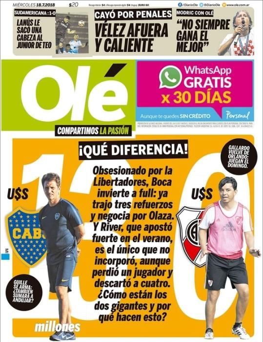 Portada OLÉ miércoles 18 de julio de 2018