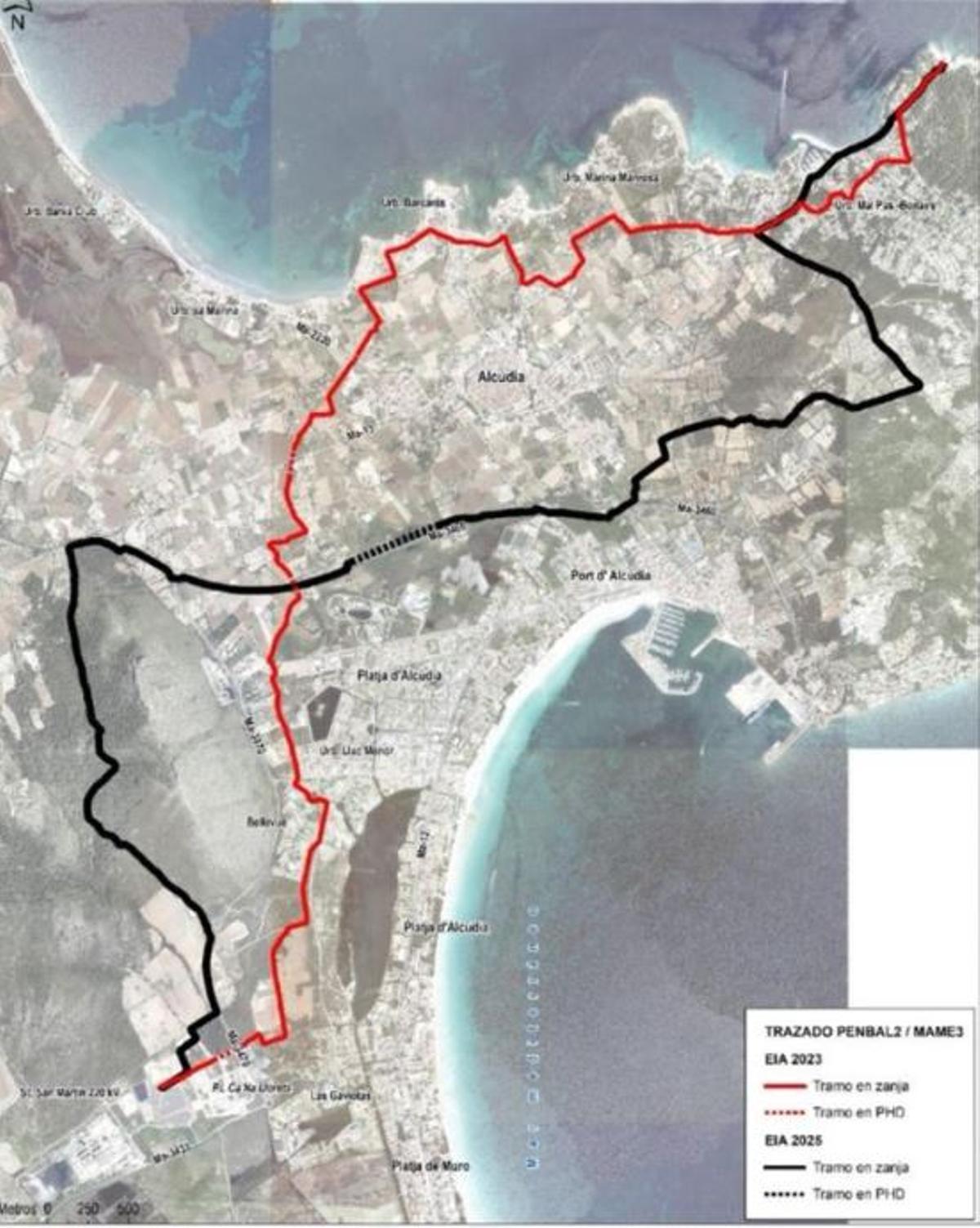 Comparativa entre los dos trazados. En rojo, el descartado, y en negro, la nueva versión consensuada.