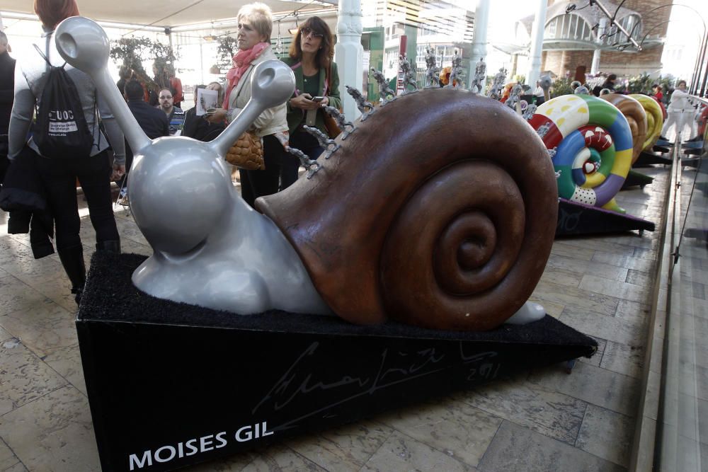 Exposición de caracoles gigantes en el mercado de Colón